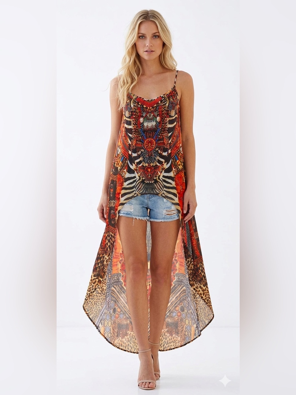 Classy Women’s High Low Dress Size M Boho Asymmetrical Beach  Print Soho Summer